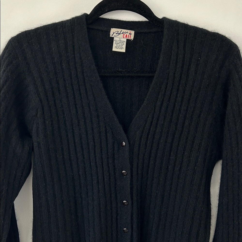 Vintage Angora Sweater Women’s Large Cardigan Black Ribbed Knit Lambswool